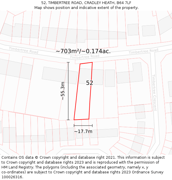 52, TIMBERTREE ROAD, CRADLEY HEATH, B64 7LF: Plot and title map