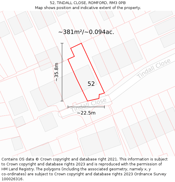 52, TINDALL CLOSE, ROMFORD, RM3 0PB: Plot and title map