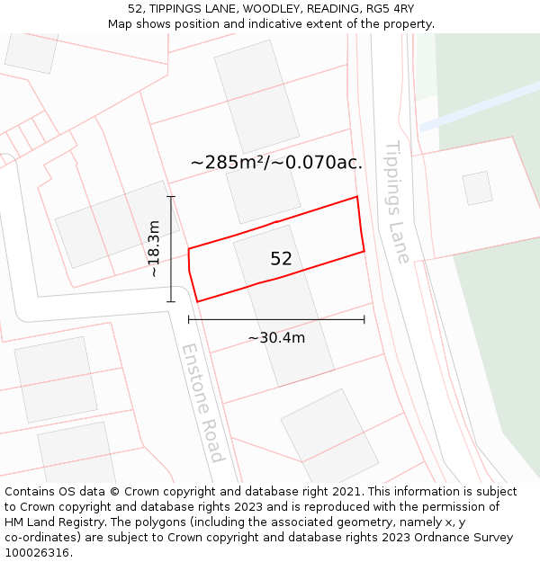 52, TIPPINGS LANE, WOODLEY, READING, RG5 4RY: Plot and title map