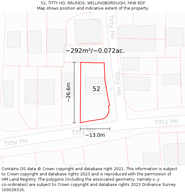 52, TITTY HO, RAUNDS, WELLINGBOROUGH, NN9 6DF: Plot and title map