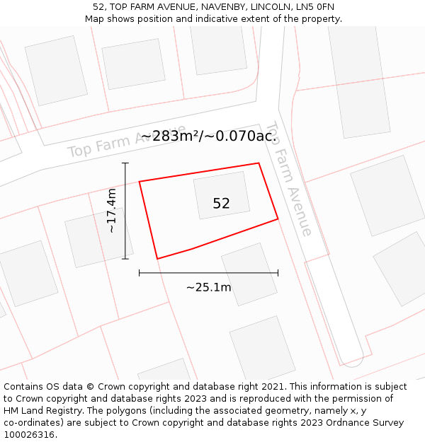 52, TOP FARM AVENUE, NAVENBY, LINCOLN, LN5 0FN: Plot and title map