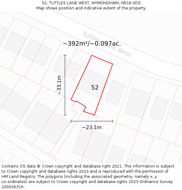 52, TUTTLES LANE WEST, WYMONDHAM, NR18 0DS: Plot and title map