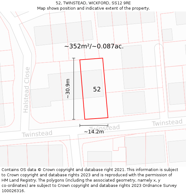 52, TWINSTEAD, WICKFORD, SS12 9RE: Plot and title map