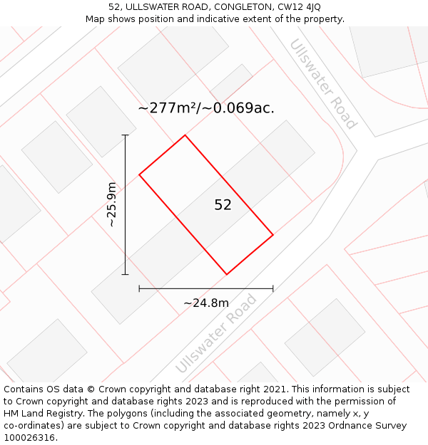 52, ULLSWATER ROAD, CONGLETON, CW12 4JQ: Plot and title map