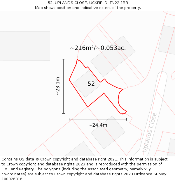 52, UPLANDS CLOSE, UCKFIELD, TN22 1BB: Plot and title map