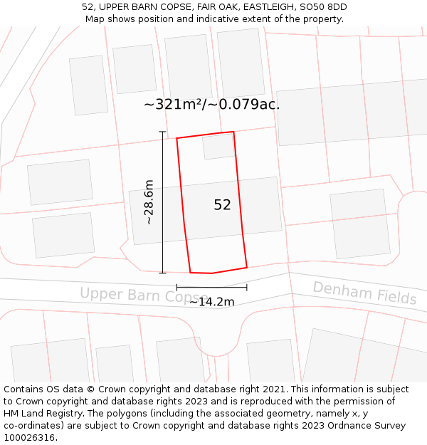 52, UPPER BARN COPSE, FAIR OAK, EASTLEIGH, SO50 8DD: Plot and title map