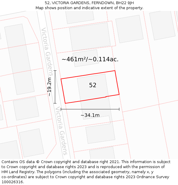 52, VICTORIA GARDENS, FERNDOWN, BH22 9JH: Plot and title map