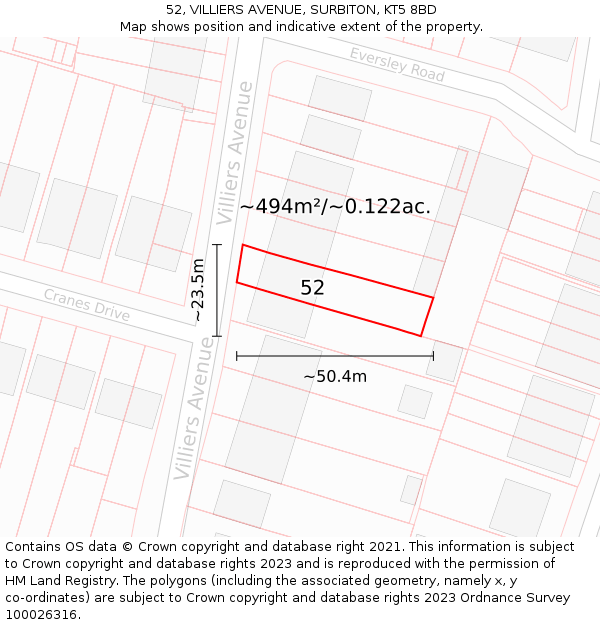 52, VILLIERS AVENUE, SURBITON, KT5 8BD: Plot and title map