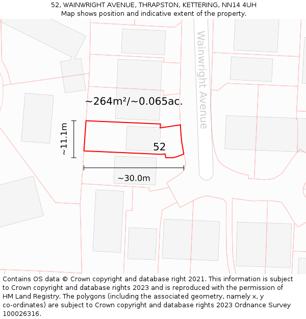 52, WAINWRIGHT AVENUE, THRAPSTON, KETTERING, NN14 4UH: Plot and title map