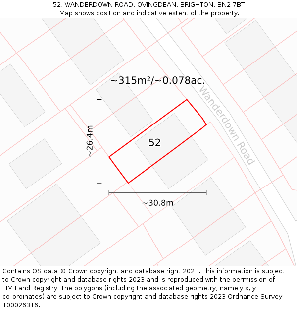 52, WANDERDOWN ROAD, OVINGDEAN, BRIGHTON, BN2 7BT: Plot and title map