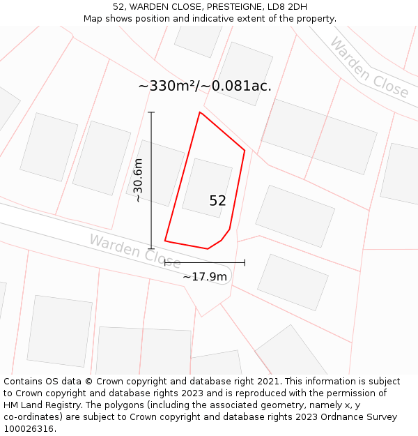 52, WARDEN CLOSE, PRESTEIGNE, LD8 2DH: Plot and title map