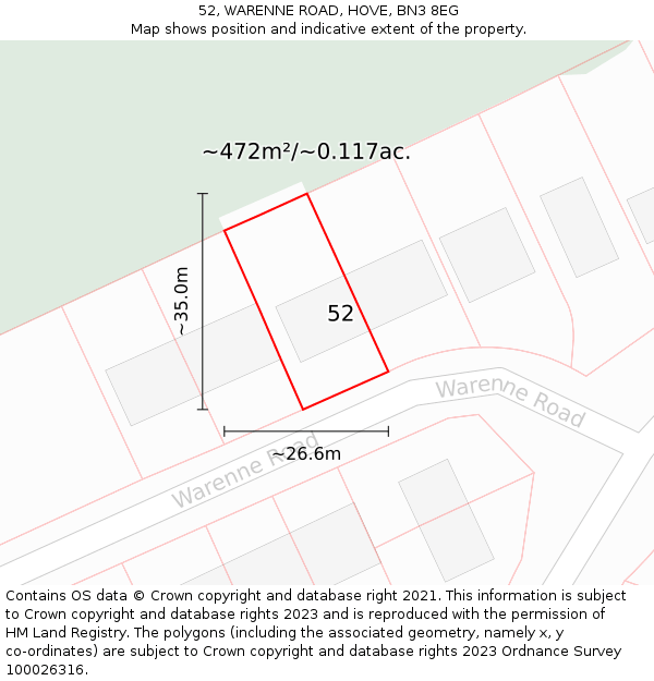 52, WARENNE ROAD, HOVE, BN3 8EG: Plot and title map