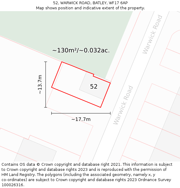 52, WARWICK ROAD, BATLEY, WF17 6AP: Plot and title map