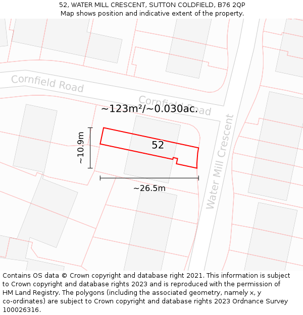 52, WATER MILL CRESCENT, SUTTON COLDFIELD, B76 2QP: Plot and title map