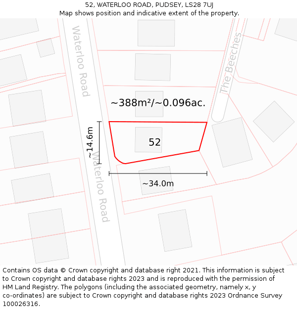 52, WATERLOO ROAD, PUDSEY, LS28 7UJ: Plot and title map