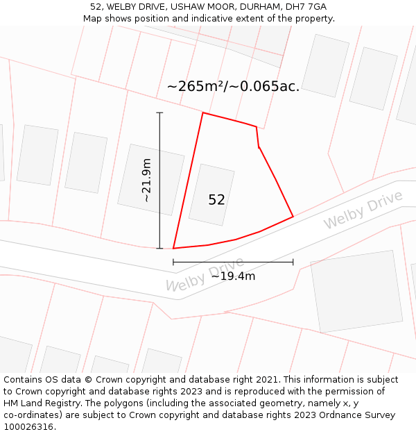52, WELBY DRIVE, USHAW MOOR, DURHAM, DH7 7GA: Plot and title map