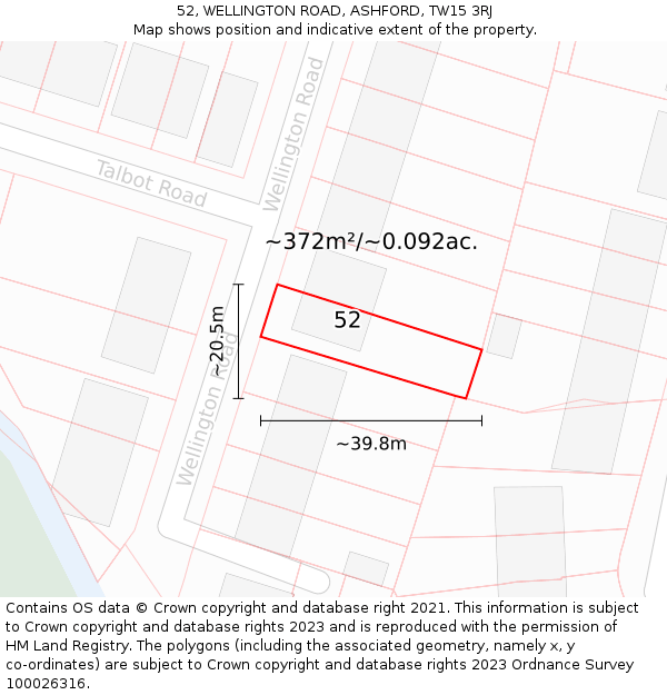 52, WELLINGTON ROAD, ASHFORD, TW15 3RJ: Plot and title map