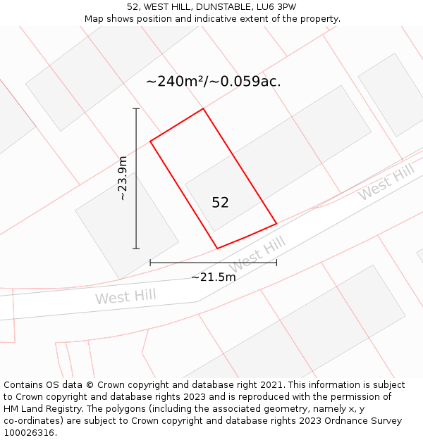 52, WEST HILL, DUNSTABLE, LU6 3PW: Plot and title map
