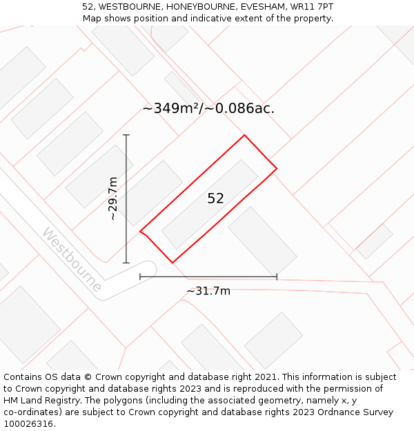 52, WESTBOURNE, HONEYBOURNE, EVESHAM, WR11 7PT: Plot and title map
