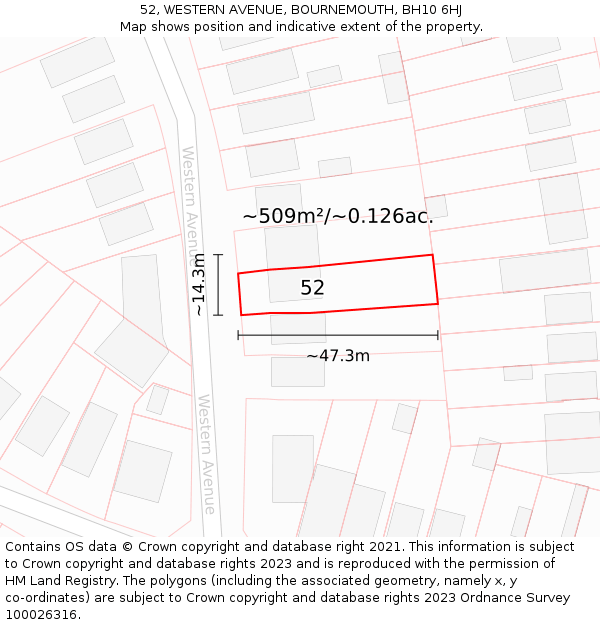 52, WESTERN AVENUE, BOURNEMOUTH, BH10 6HJ: Plot and title map