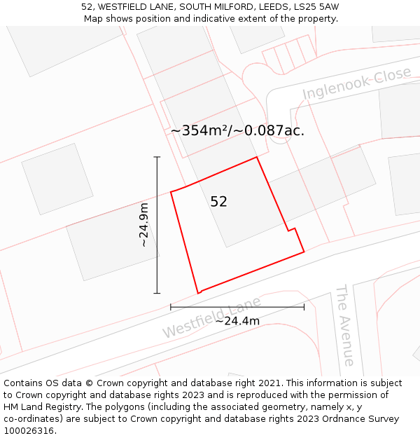 52, WESTFIELD LANE, SOUTH MILFORD, LEEDS, LS25 5AW: Plot and title map