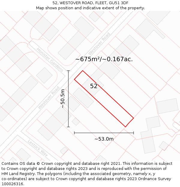 52, WESTOVER ROAD, FLEET, GU51 3DF: Plot and title map