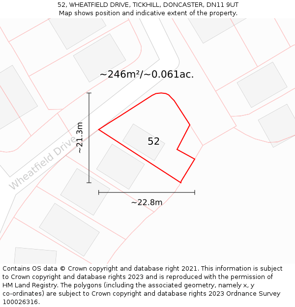 52, WHEATFIELD DRIVE, TICKHILL, DONCASTER, DN11 9UT: Plot and title map
