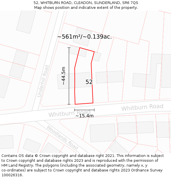 52, WHITBURN ROAD, CLEADON, SUNDERLAND, SR6 7QS: Plot and title map