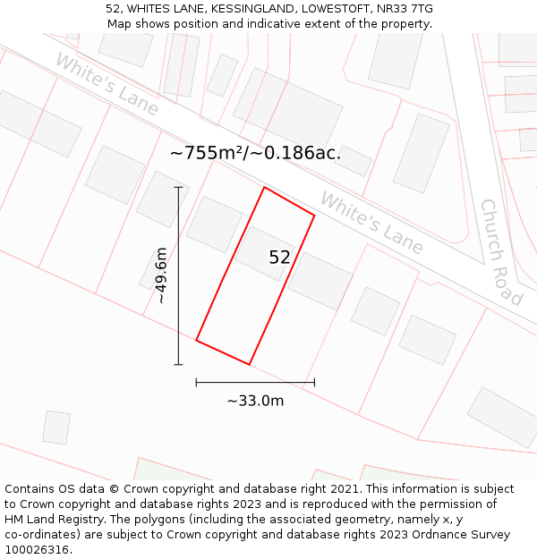 52, WHITES LANE, KESSINGLAND, LOWESTOFT, NR33 7TG: Plot and title map