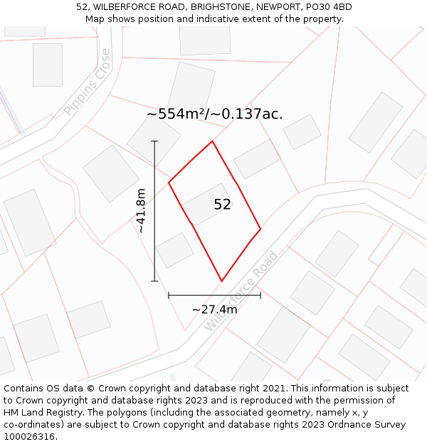 52, WILBERFORCE ROAD, BRIGHSTONE, NEWPORT, PO30 4BD: Plot and title map