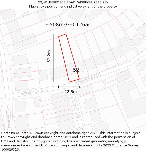 52, WILBERFORCE ROAD, WISBECH, PE13 2EX: Plot and title map