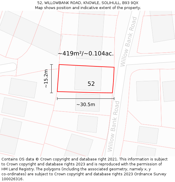 52, WILLOWBANK ROAD, KNOWLE, SOLIHULL, B93 9QX: Plot and title map