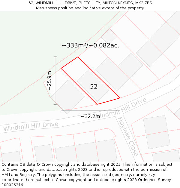52, WINDMILL HILL DRIVE, BLETCHLEY, MILTON KEYNES, MK3 7RS: Plot and title map