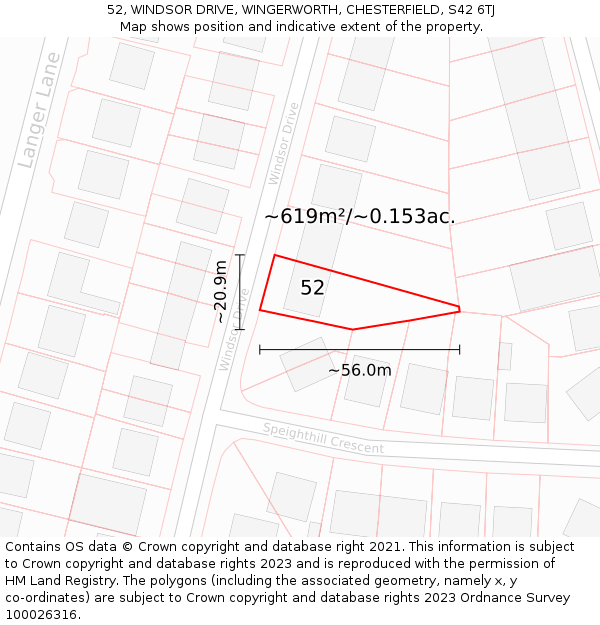 52, WINDSOR DRIVE, WINGERWORTH, CHESTERFIELD, S42 6TJ: Plot and title map