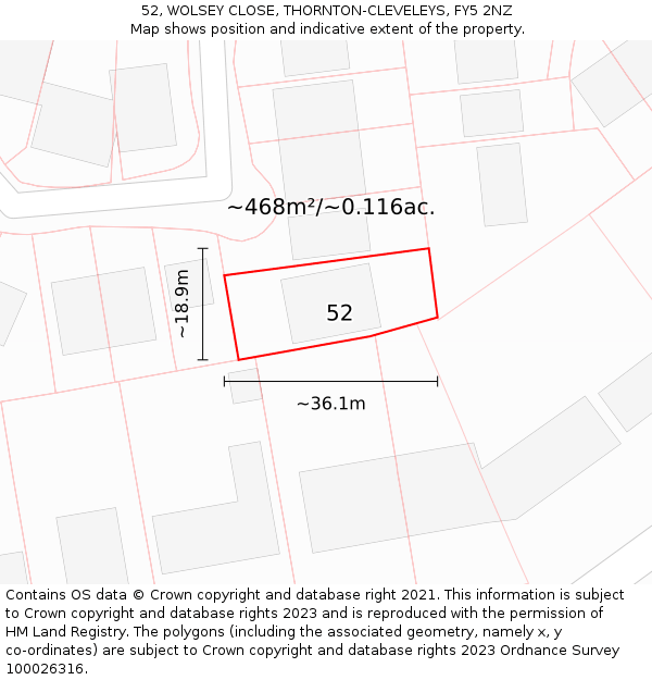 52, WOLSEY CLOSE, THORNTON-CLEVELEYS, FY5 2NZ: Plot and title map