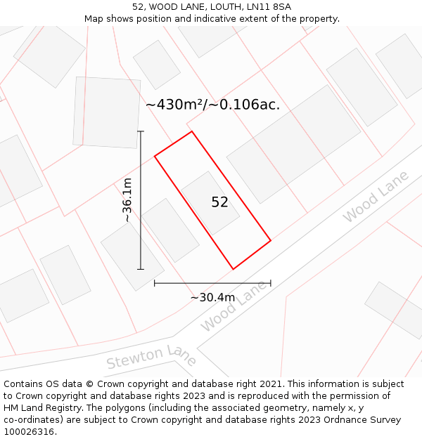 52, WOOD LANE, LOUTH, LN11 8SA: Plot and title map