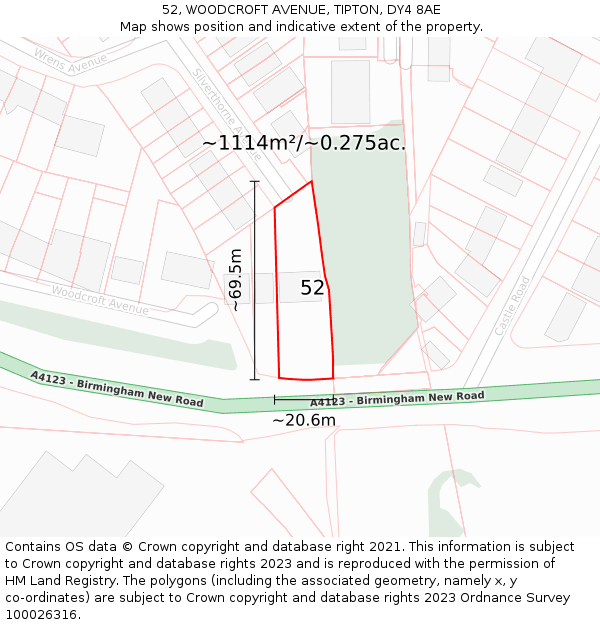 52, WOODCROFT AVENUE, TIPTON, DY4 8AE: Plot and title map