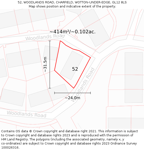 52, WOODLANDS ROAD, CHARFIELD, WOTTON-UNDER-EDGE, GL12 8LS: Plot and title map