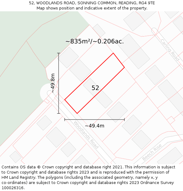 52, WOODLANDS ROAD, SONNING COMMON, READING, RG4 9TE: Plot and title map