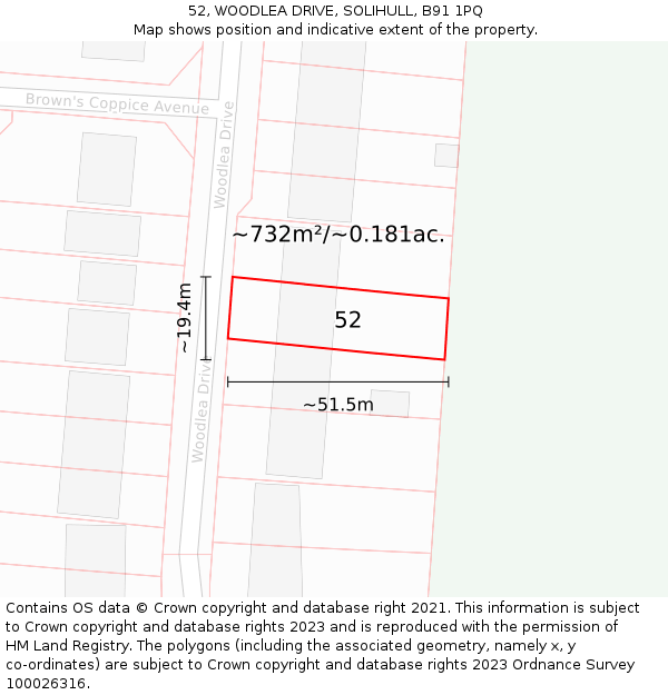 52, WOODLEA DRIVE, SOLIHULL, B91 1PQ: Plot and title map