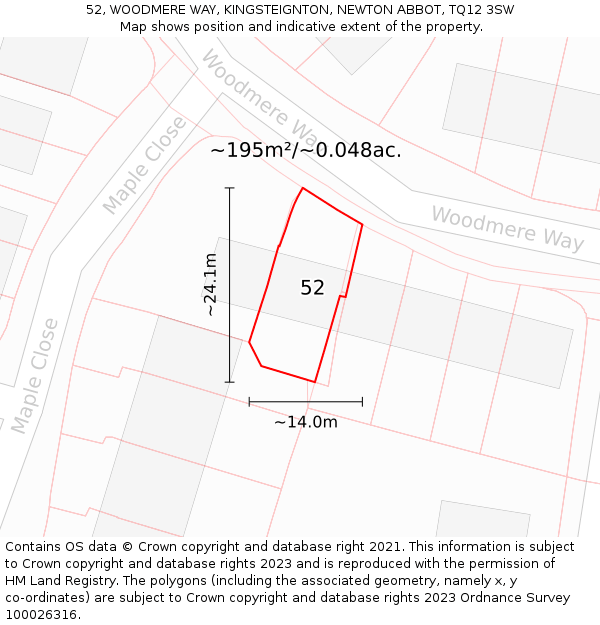 52, WOODMERE WAY, KINGSTEIGNTON, NEWTON ABBOT, TQ12 3SW: Plot and title map