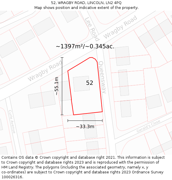 52, WRAGBY ROAD, LINCOLN, LN2 4PQ: Plot and title map