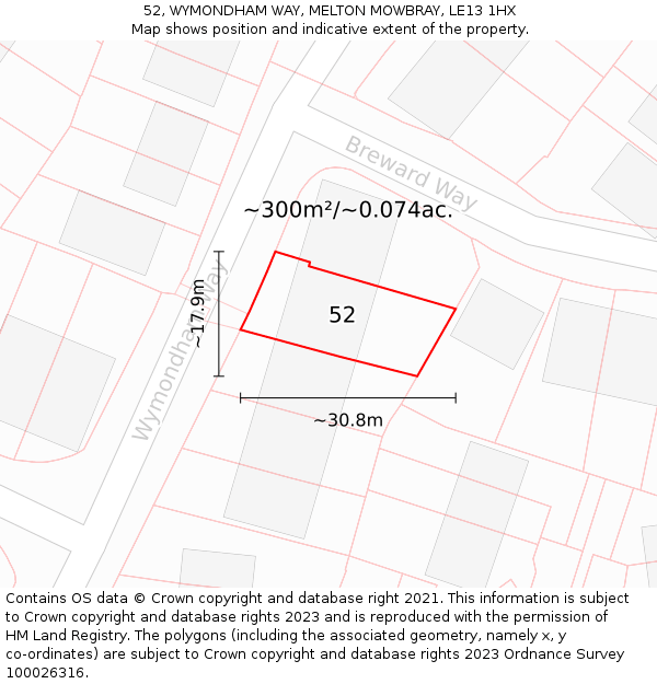 52, WYMONDHAM WAY, MELTON MOWBRAY, LE13 1HX: Plot and title map