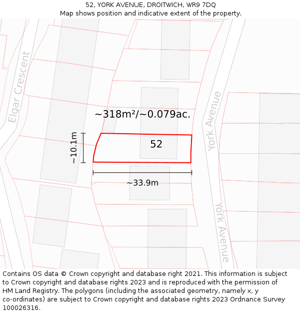 52, YORK AVENUE, DROITWICH, WR9 7DQ: Plot and title map