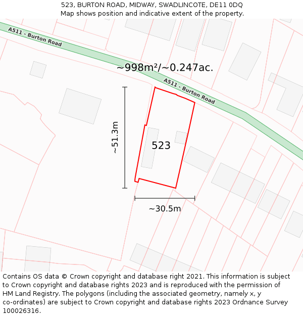 523, BURTON ROAD, MIDWAY, SWADLINCOTE, DE11 0DQ: Plot and title map