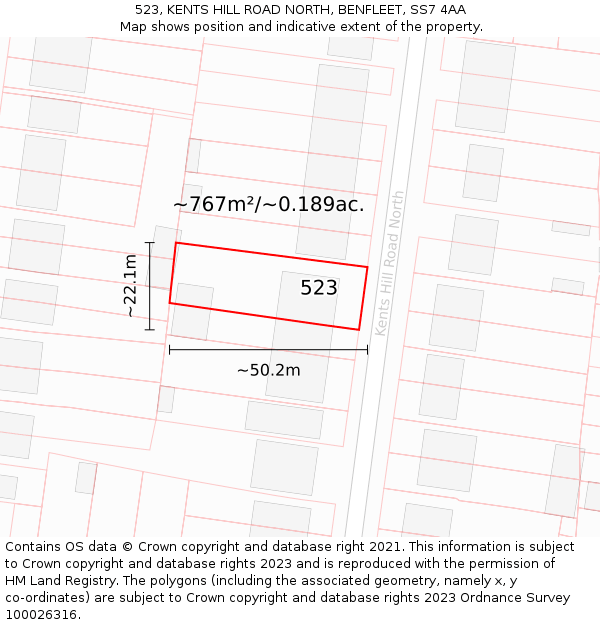 523, KENTS HILL ROAD NORTH, BENFLEET, SS7 4AA: Plot and title map