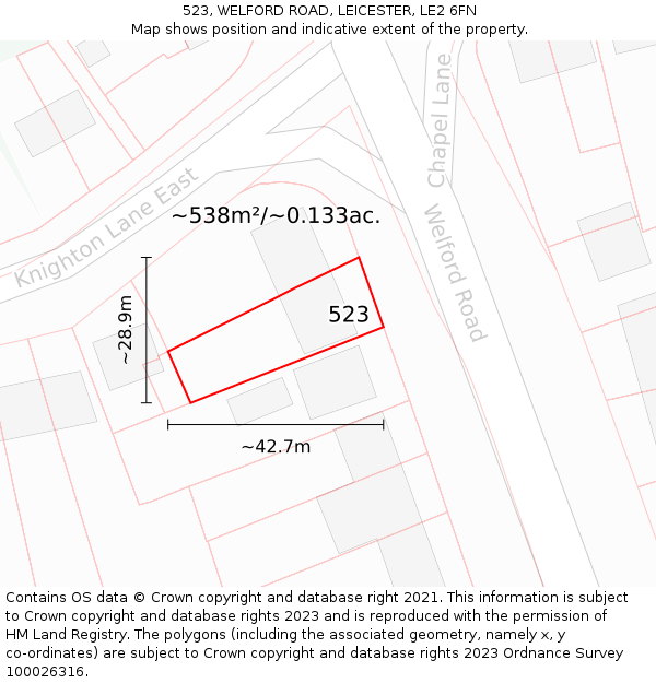 523, WELFORD ROAD, LEICESTER, LE2 6FN: Plot and title map