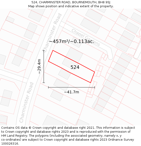 524, CHARMINSTER ROAD, BOURNEMOUTH, BH8 9SJ: Plot and title map