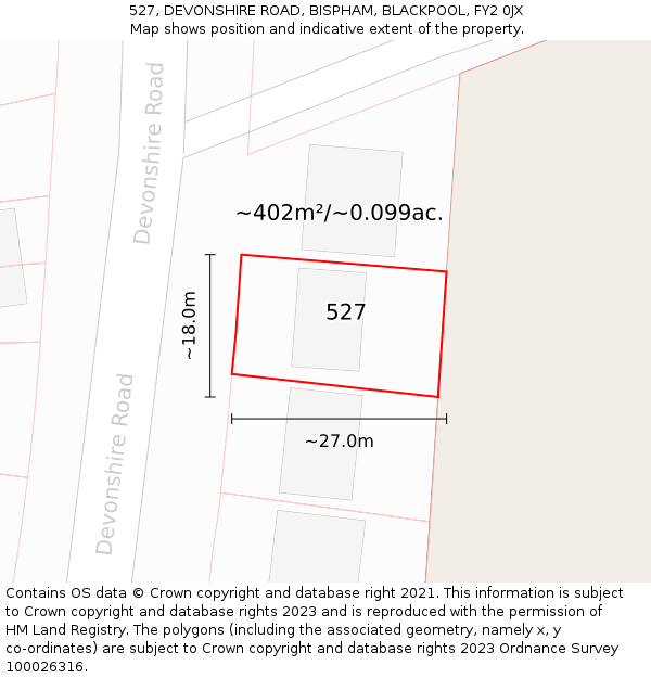 527, DEVONSHIRE ROAD, BISPHAM, BLACKPOOL, FY2 0JX: Plot and title map