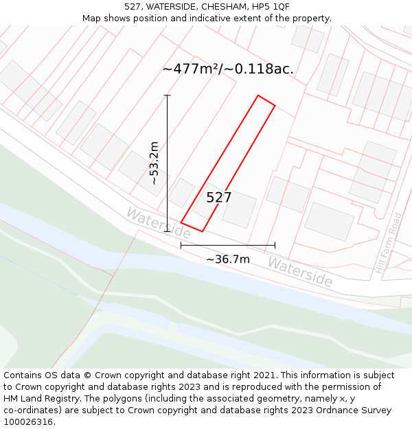 527, WATERSIDE, CHESHAM, HP5 1QF: Plot and title map